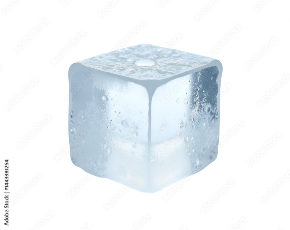 Poster detailed close-up of a crystal clear ice cube with visible imperfections and air bubbles creating a 