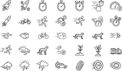 Speed, acceleration line icon set. Vector pictograms of fast movement, progress, quick actions, rocket, speedometer, lightning bolt, rapid growth dynamic