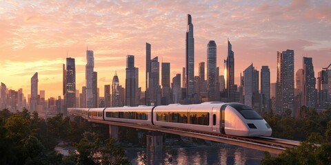 Naklejka premium Connected public transport. A futuristic train travels through a vibrant city skyline at sunset.
