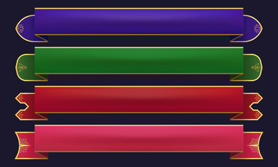 Set of vector flags, horizontal banner flag template with golden frame. Silk canvas flag with heraldry elements, banner stretch for ads. Decorative header for tournament, competitions, congratulations