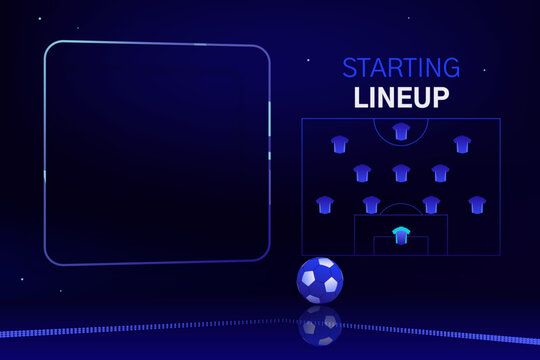 Starting lineup, football team formation. Vector frame template with football pitch diagram, player and goalkeeper icons, football ball. Football analytics, vibrant color, tech background.