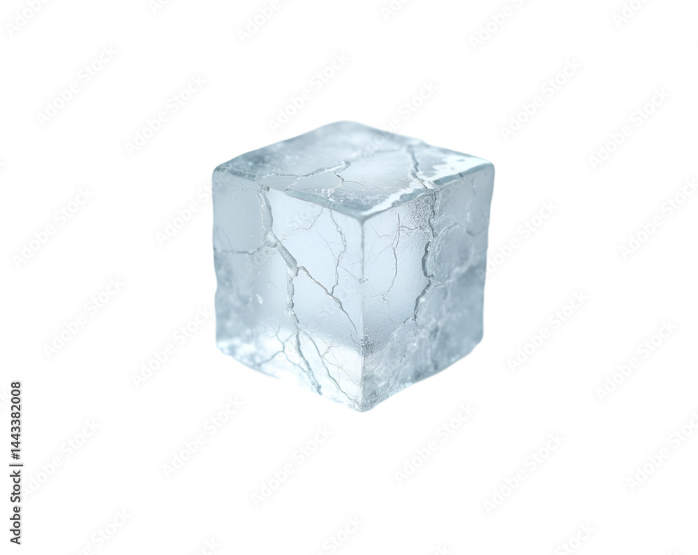 Poster detailed close-up of an intricately cracked ice cube with frosty texture and partial transparency pe