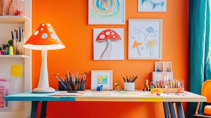 Orange Creative Kids Room: Artistic Workspace with Mushroom Lamp