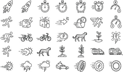 Fototapeta premium Speed, acceleration line icon set. Vector pictograms of fast movement, progress, quick actions, rocket, speedometer, lightning bolt, rapid growth dynamic