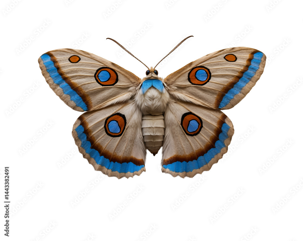 Poster detailed close-up of an isolated io moth displaying intricate wing patterns and bold eye markings ag