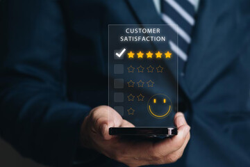Customer review satisfaction feedback survey concept. User give rating to service excellent...