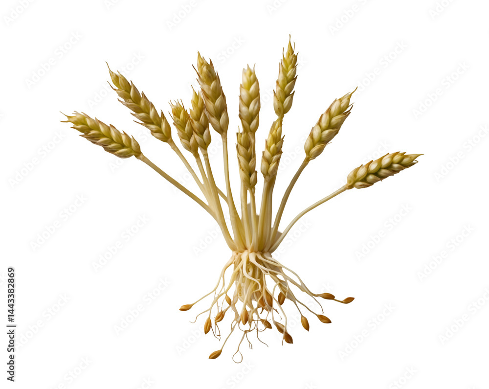 Poster detailed close-up of sprouting wheat grain with tiny roots displaying growth and germination process