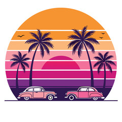 Sunset tree and cars retro style tshirt design using with white background