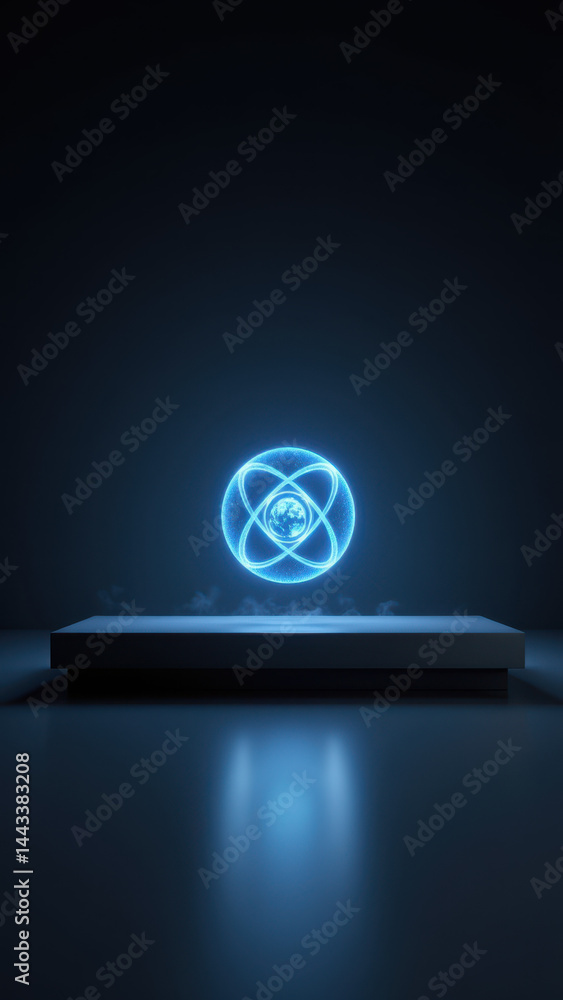Poster an artistic representation of an atomic structure with a luminous blue glow on a gray background.
