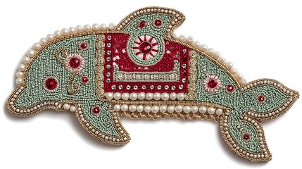 Fototapeta premium Ornate dolphin figure, embellished with beads, gems, and pearls, in red, green, and cream colors