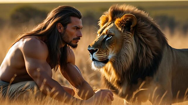 Muscular man kneeling beside lion in tall grass showing bond between human and beast