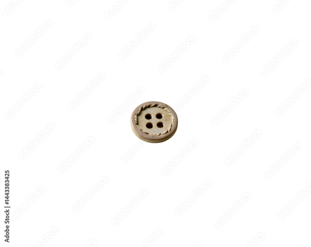 Poster detailed closeup photograph of a small circular button with four holes, showcasing its unique textur