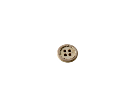Detailed closeup photograph of a small circular button with four holes, showcasing its unique texture and design against a plain setting adding an artistic feel