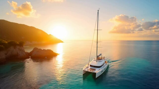 Luxurious catamaran sails into a stunning tropical sunset. A breathtaking view of a white catamaran gliding through calm turquoise waters at sunset.