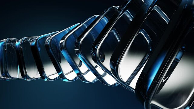 Dark blue background with glass transparent block shapes row. Abstract curve wave line 3d animation. Crystal square plates with flare and light refraction on black bg. Futuristic render digital tech.