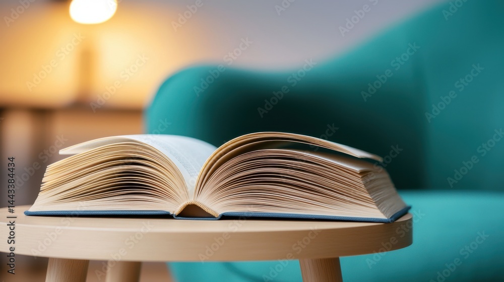 Poster reading corner comfort concept, close-up of an open book resting on a side table in a cozy room with