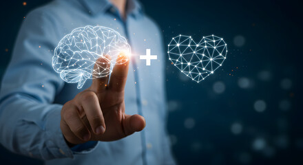 Man Touching Digital Brain and Heart Icons Representing Balance of Intellect and Emotion in Dark Background