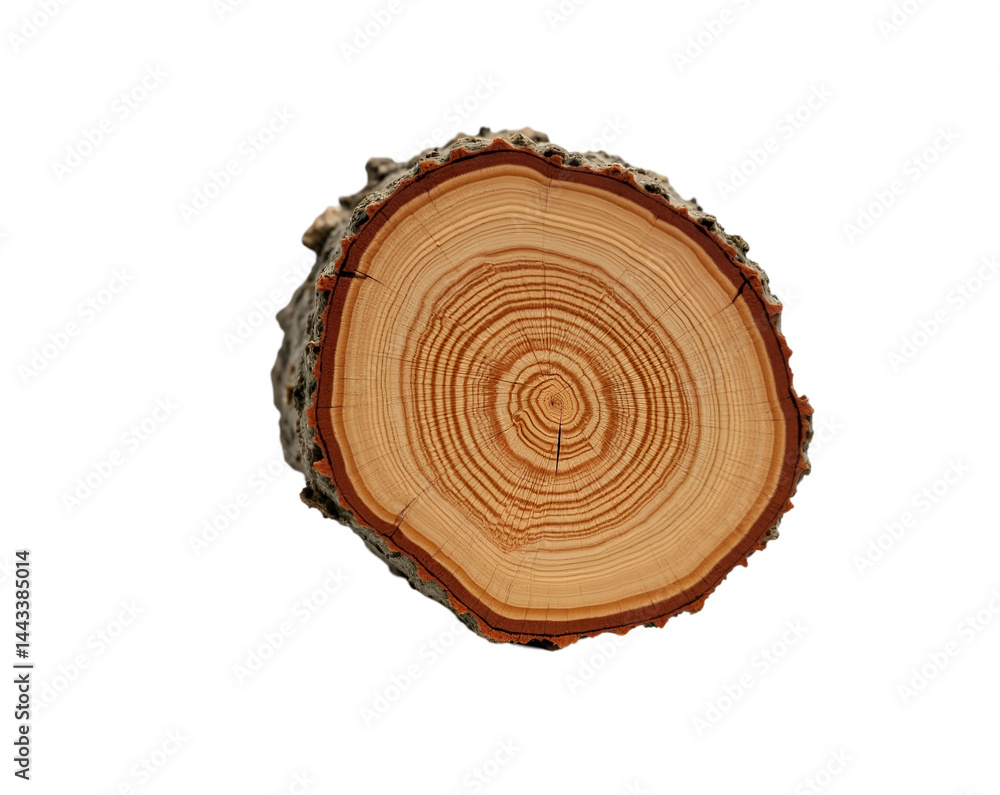 Poster detailed isolated image of a tree trunk cross-section displaying visible growth rings, ideal for edu