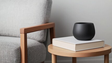 Reading corner comfort Concept, Cozy Corner with Minimalist Book and Elegant Black Bowl on Wooden Table by Gray Upholstered Chair