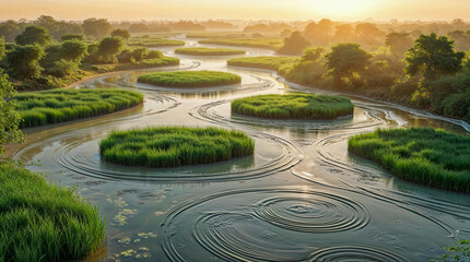 Obraz premium Serene River Delta with Lush Reeds at Sunset