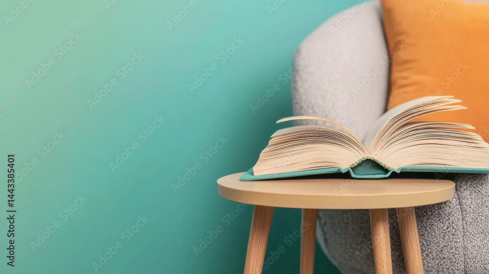 Aufkleber reading corner comfort concept, close-up of an open book resting on a side table with colorful backg