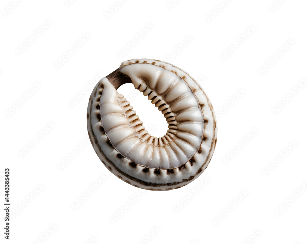 Poster detailed macro photograph of a cowrie shell displaying intricate textures and patterns against a pla