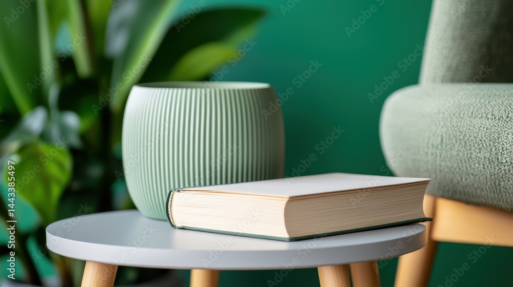 Poster Reading corner comfort Concept, Close-Up of a Book Resting on a Round Table with a Plant in the Background in a Modern Living Space
