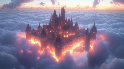 Naklejka premium A magnificent, glowing castle floats amidst ethereal clouds.