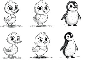 Obraz premium Six Cute Cartoon Bird Characters - Ducks, Chicks, and Penguins