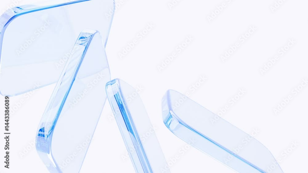 Poster abstract white background with glass transparent square shapes. 3d animation geometric clear blocks,