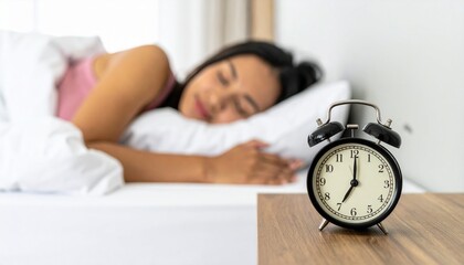 Classic alarm clock on the bedside table, and a relaxed woman sleeping in bed in the background. AI Model.