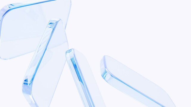 Abstract white background with glass transparent square shapes. 3d animation geometric clear blocks, crystal glossy plates with light blue gradient render. Futuristic design digital technology