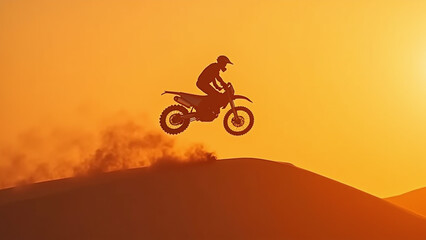 Obraz premium Motorcyclist Silhouette Jumping Over Dune