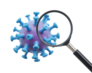 Detailed microscopic view of a virus under a magnifying glass, highlighting its structure and complexity in a scientific and visually engaging way