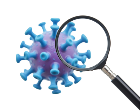 Detailed microscopic view of a virus under a magnifying glass, highlighting its structure and complexity in a scientific and visually engaging way