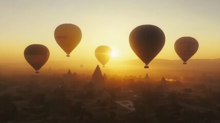 Fototapeta premium Hot air balloons ascend over ancient temples at sunrise, creating a picturesque landscape