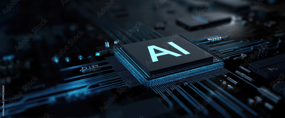 Poster futuristic ai microchip on a glowing circuit board with neon blue lines, ideal for tech presentation