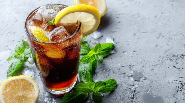 Tall glass of iced cola with lemon and mint on a textured gray surface with scattered ice, ideal for refreshing drink ads, summer promos, and beverage branding