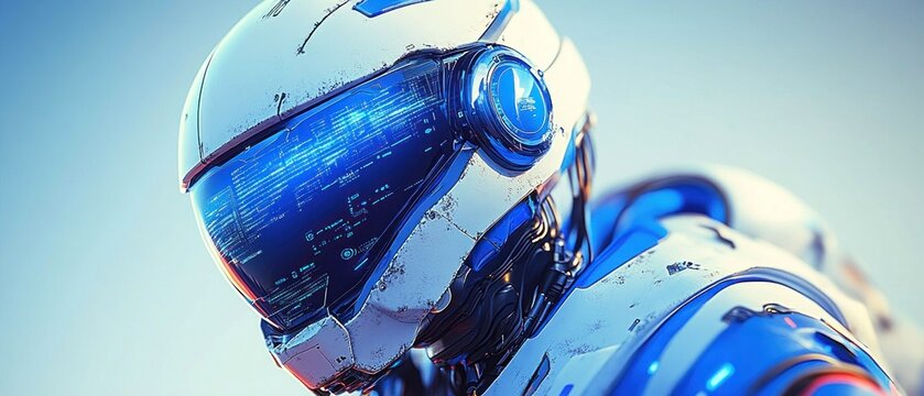 Futuristic robot close-up, digital display,  desert background, sci-fi concept
