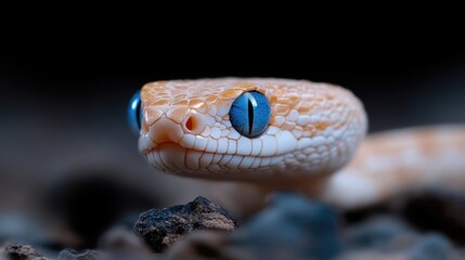 Fototapeta premium Orange viper with striking blue eyes crawls over dark rocks in a macro close-up shot.
