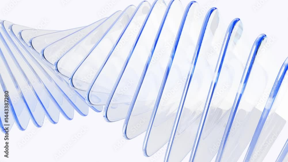 Poster abstract light blue background with row of glass transparent square plates 3d animation. crystal cur
