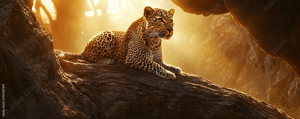 Poster leopard majestically rests atop a sturdy tree branch