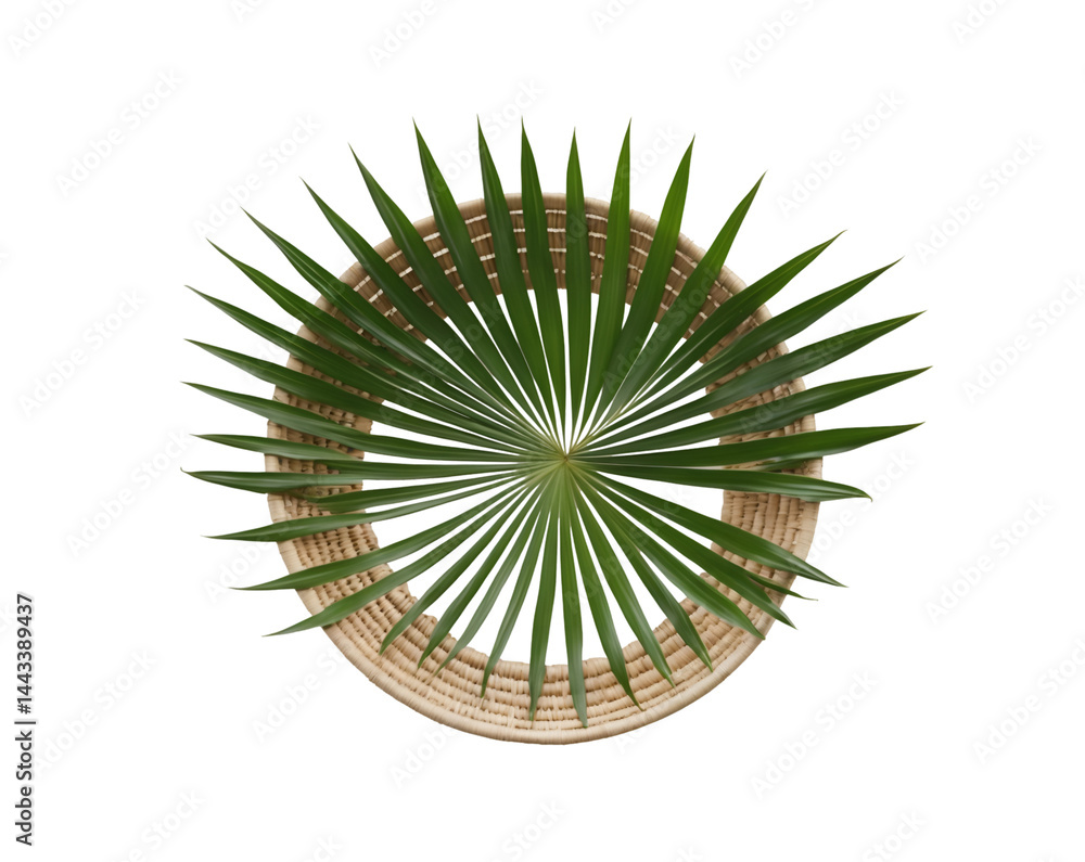 Poster detailed top-view composition, artfully woven basket accentuating a vibrant palm leaf displayed with