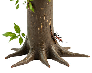 Fototapeta premium Detailed View of Ant Climbing Tree Trunk Against Plain Background, An Isolated Study of Nature's Tiny Explorers and Green Leaves
