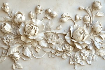 Ornate floral bas-relief design on a light beige surface.