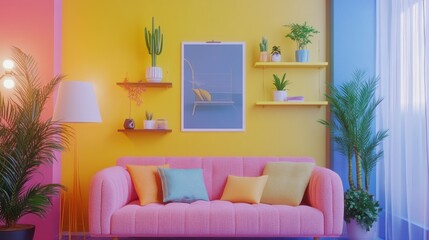 Vibrant Living Room Interior Design: Pastel Pink Sofa, Yellow Walls, and Tropical Plants