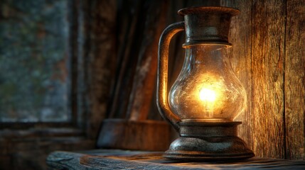 Antique lantern illuminates rustic cabin