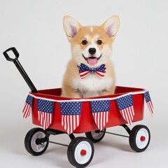 4th of july, USA Independence Day, Cute puppy celebrating with usa flags isolated on white background