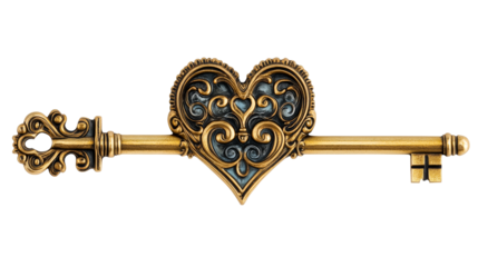Ornate heart key isolated, cut out transparent