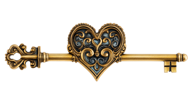 Ornate heart key isolated, cut out transparent